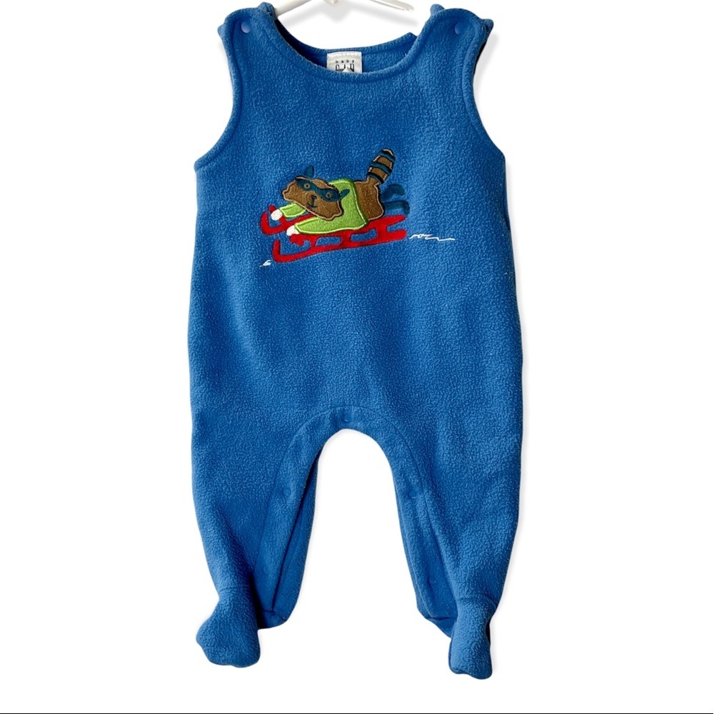 Gap Vintage (Holiday 2000) Baby Sz. 7-12 mos Fleece Romper Blue Raccoon Sled
